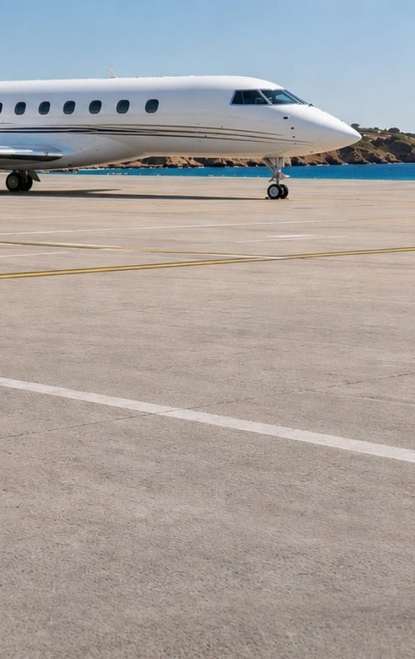 Chauffeur-driven sedan parked beside a white private jet on the sunlit tarmac of a seaside private terminal, illustrating the door-to-aircraft private charter experience arranged by IONA JETS.